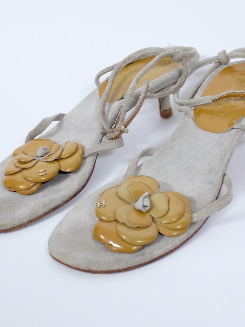 CHANEL Beige Suede Sandal with Tan Camellia Applique